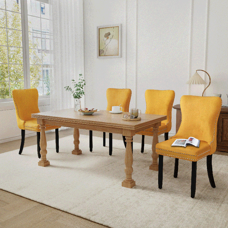 Ensemble de 4 chaises de salle à manger en velours à oreilles, Jaune