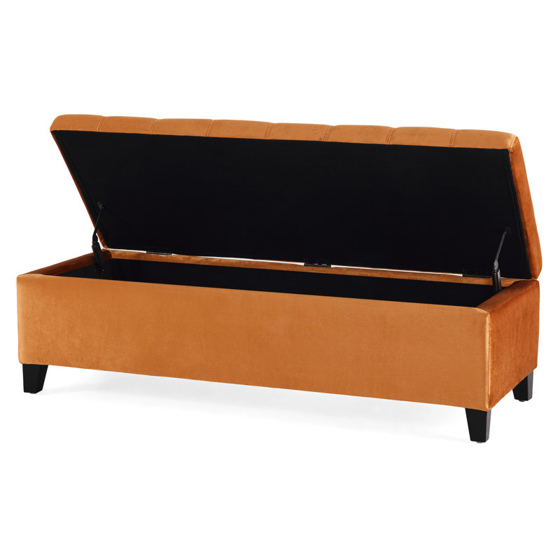Storage In Burnt Orange Velvet With Room For Extra Blankets, On Dark Brown Birch Wood Legs, Can Withstand 250 Lbs Bench Lid And Considerable Legs Finish, Weight Limit