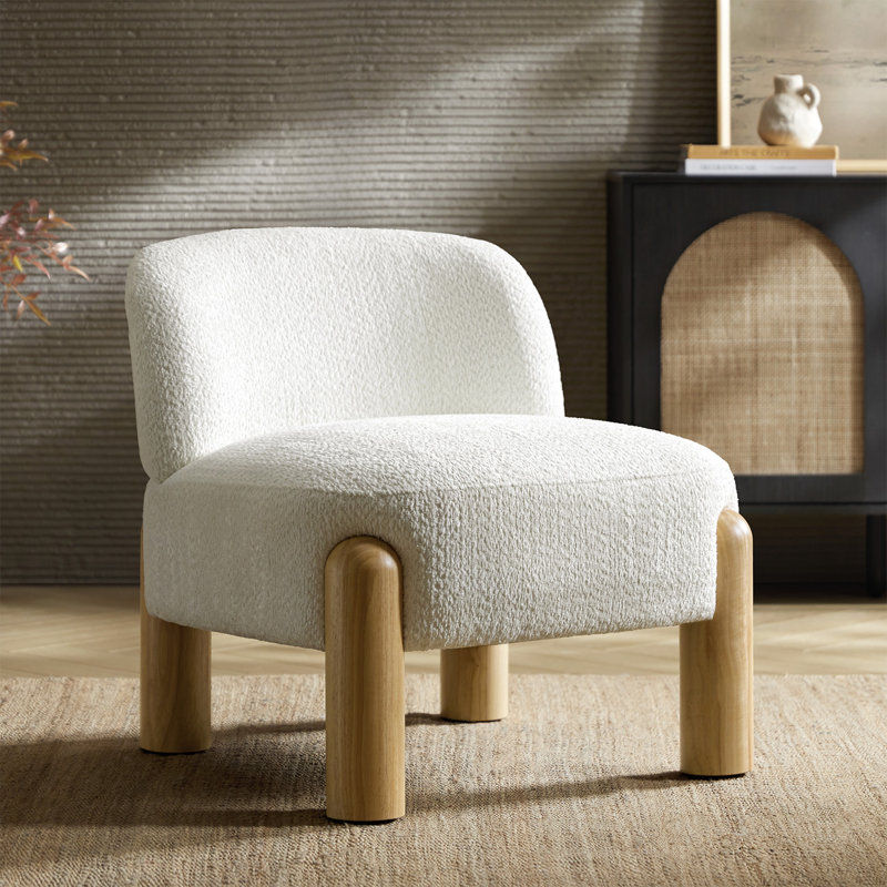 28" W Boucle Armless Accent Chair with Solid Wood Legs, Ivory
