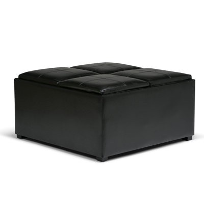 Avalon 35"W Upholstered Vegan Leather Modern Square Coffee Table Storage Ottoman with 4 Flip-Over Trays