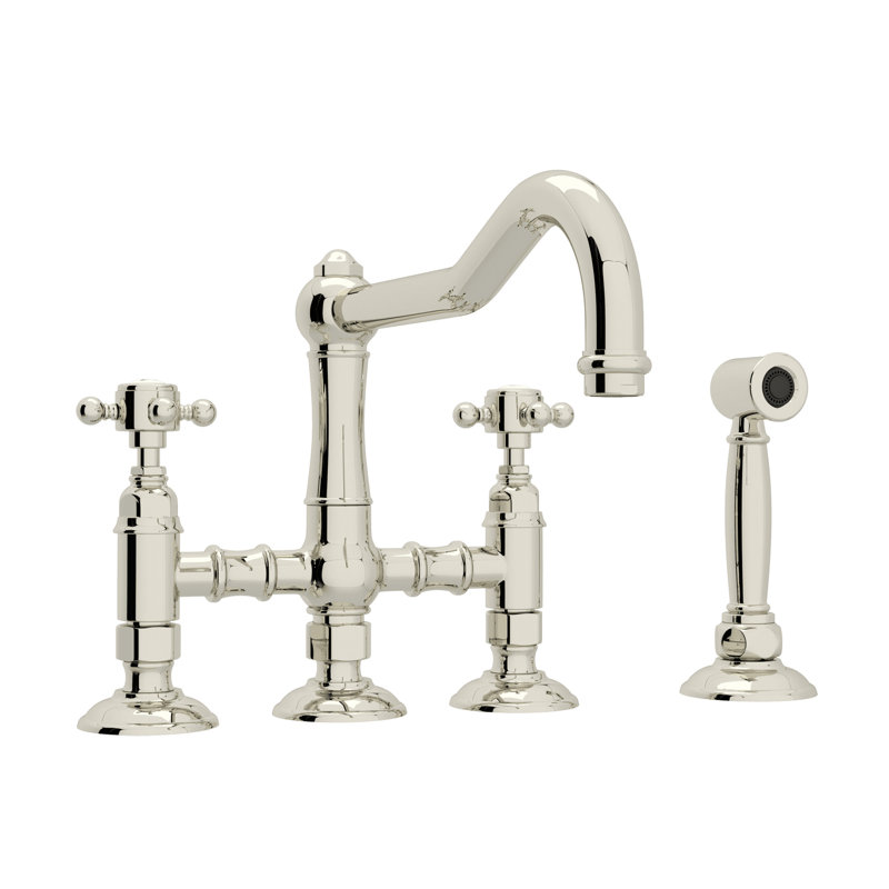 Acqui Bridge Kitchen Faucet With Side Spray, Polished Nickel, Cross Handle