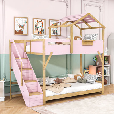 House Bunk Bed with Side Stairs, Shelves and LED Lighting