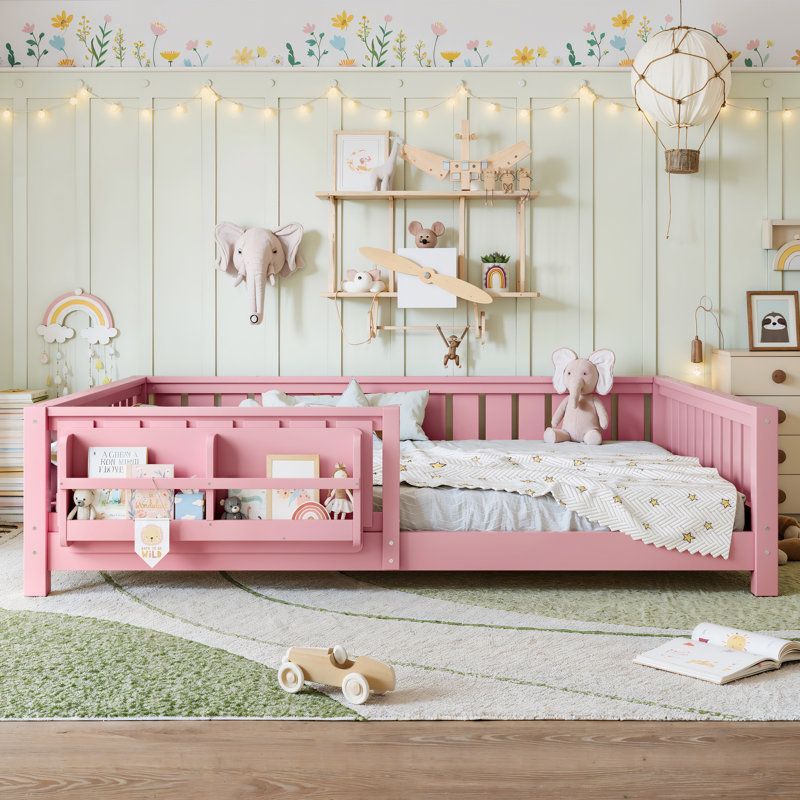 Lit pour grand lit simple pour enfants avec bibliothèque intégrée et garde-corps de sécurité, cadre de lit Montessori en bois de pin massif, rose