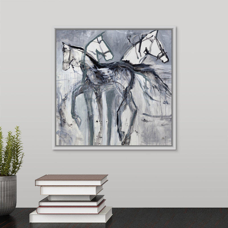 « pluie show day », peinture sur toile, H 13,7 po x l 13,7 po x p 1,75 po, Cadre flottant blanc