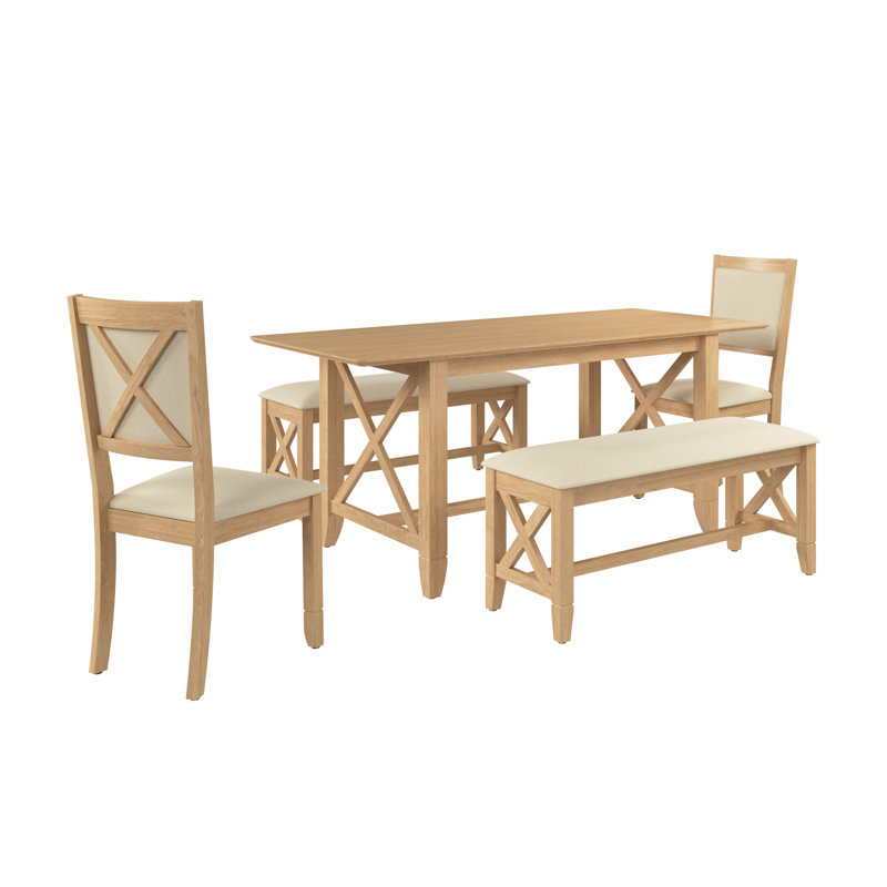 70W Farmhouse Cross Base Dining Table With 2 Upholstered Cross Back Chairs and 2 Benches
