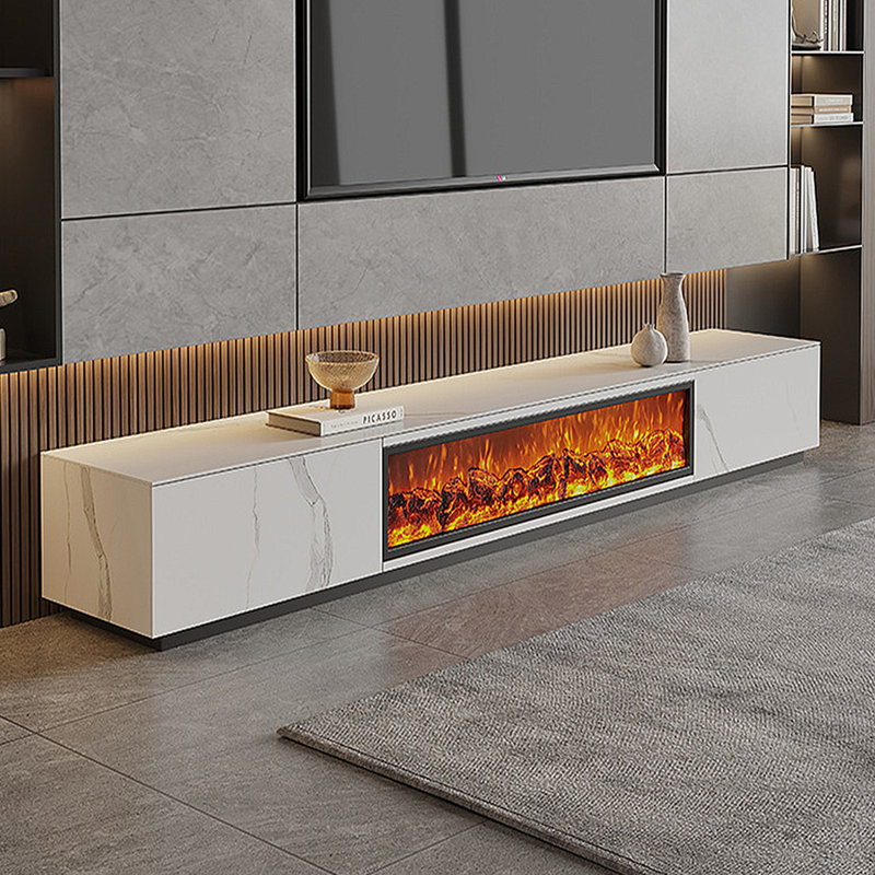 Meuble télé avec foyer à flamme simulée, 94.49", Blanc