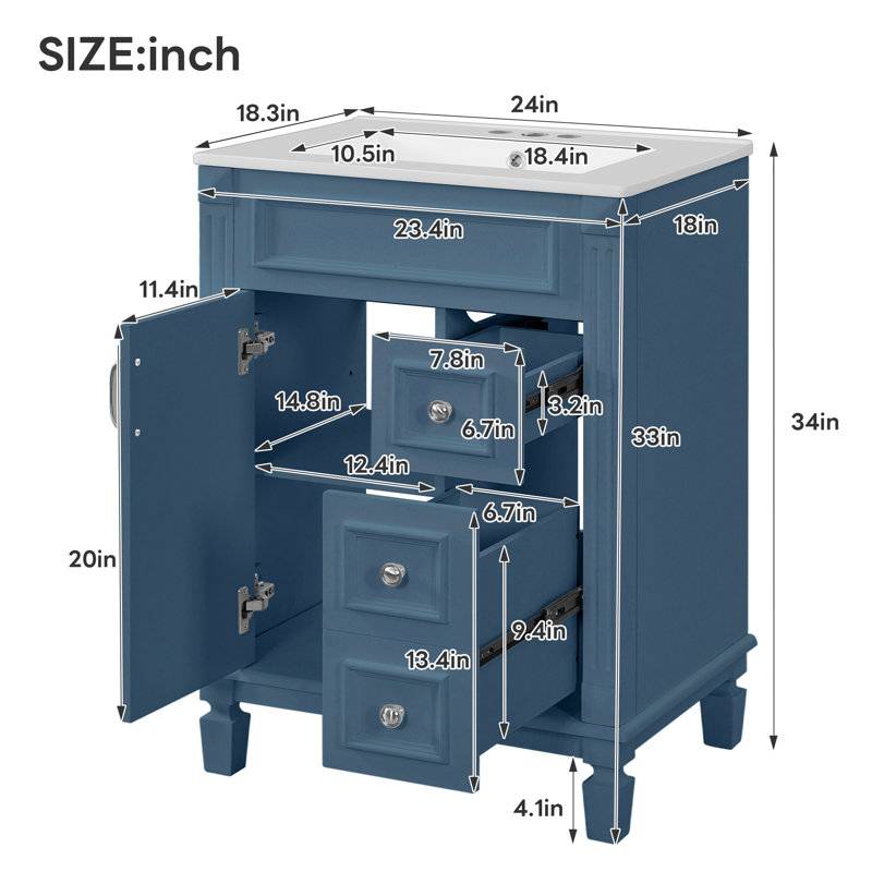 24" Blue Bathroom Vanity With Ceramic Sink