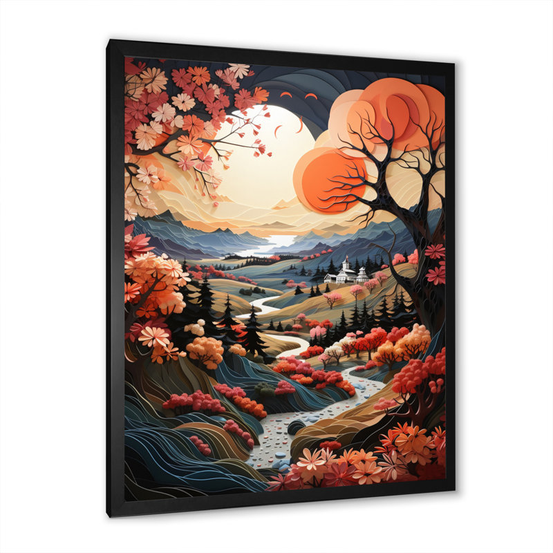 Farmhouse Harmony Papercut - Reproduction d'art mural paysage et nature, Cadre photo noir, H 20 po x l 12 po x P 1 po
