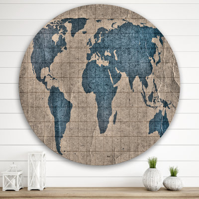 Ancienne carte du monde I - Art mural en cercle rustique en métal