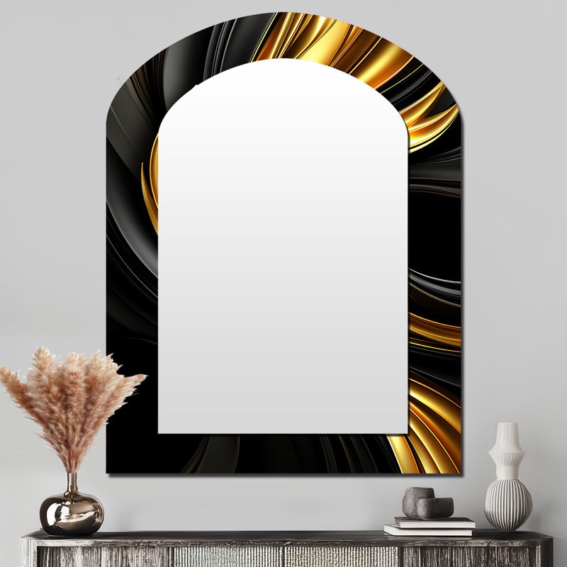 Abstract Liquid Gold And Black Swirl - Abstract Spirals Asymmetrical Decorative Mirror, Modern Arch Wall Mirror, Printed Metal Art