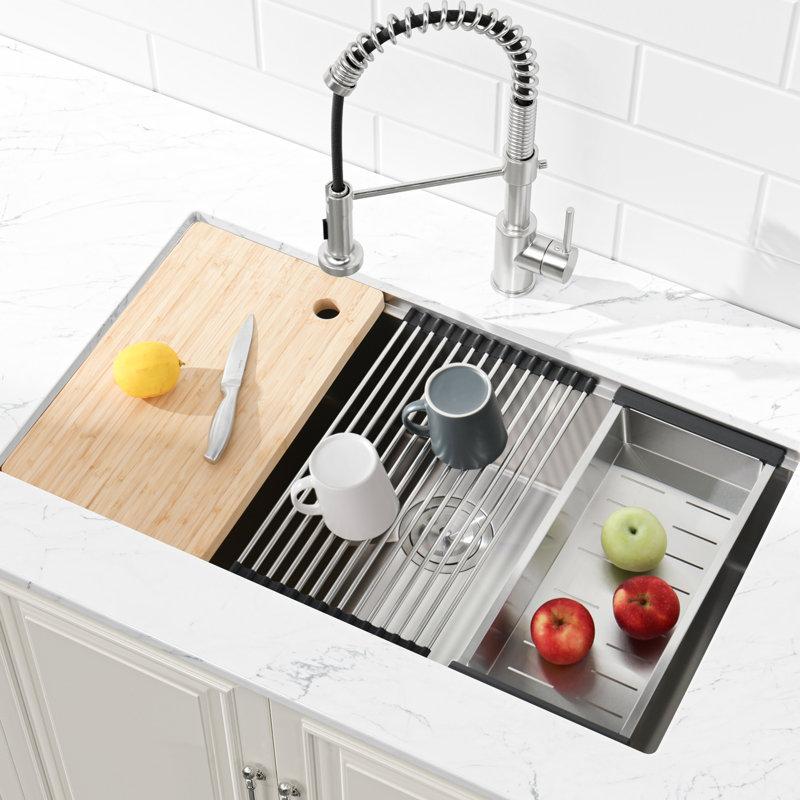 304 Stainless Steel Sink 30"X19" Undermount, Single Bowl With Cutting Board, Colander, To Damage, Brushed Metal Surface Undermount 30"X19", Luxury Shine, Scratch- Finish, Silent Operation