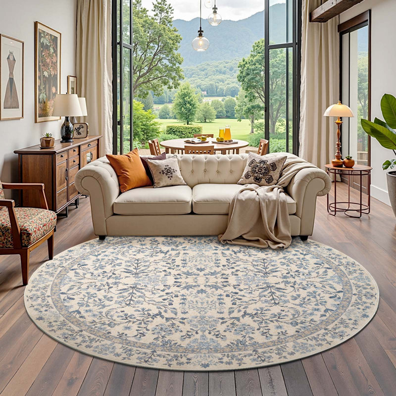 Floral Machine Washable Area Rug, Round 8', Blue