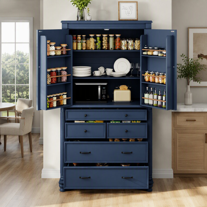 Grand garde-manger autoportant de 43,3 po x 20 po x 77,3 po avec 6 tablettes de porte, 2 tablettes réglables et 5 tiroirs
