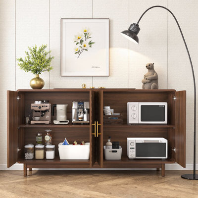 55.1" Carved 4‑Door Sideboard Buffet Cabinet with Adjustable Shelves | Walnut Accent Cabinet for Living Room, Dining Room, Entryway, or Kitchen – Curved Edge Design, Anti‑Tip Safety