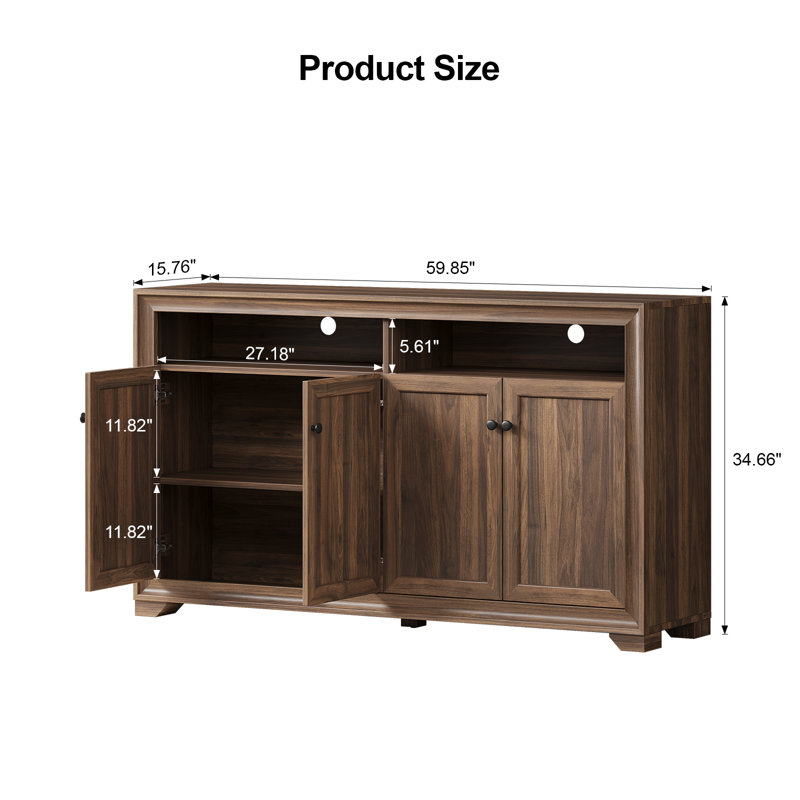 Buffet 60 po avec rangement, 4 portes, armoire moderne avec 2 grandes armoires et tablettes réglables pour la salle à manger, la cuisine et le vestibule