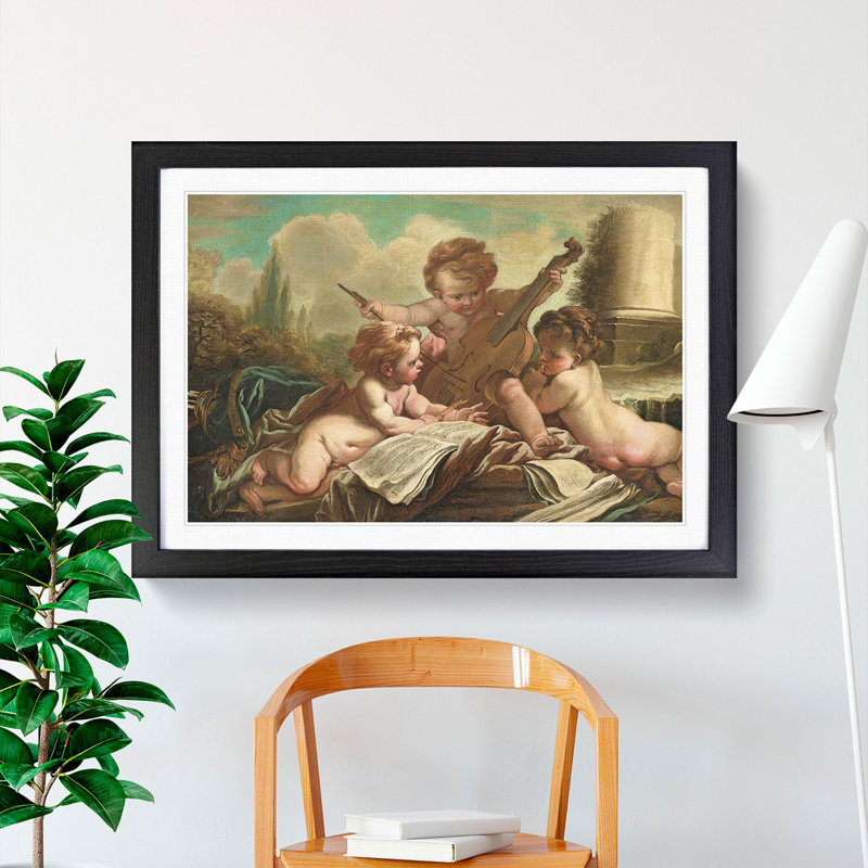 Three Cupids by Francois Boucher - Picture Frame Painting, Black, 27cm H x 36cm W x 2cm D