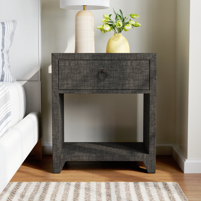 Cleo Wood Raffia 1-Drawer Nightstand, Charcoal Gray