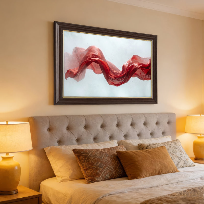 Art mural antique sur toile encadré doré pour le salon, la chambre à coucher, le bureau ou le vestibule - Décoration murale décorative avec tissu rouge