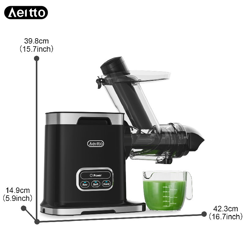 Aeitto chewable juicer with a 3.6-inch wide channel, 2-speed mode, and reverse function, equipped with an easy to clean brush for fruit and vegetable juicers