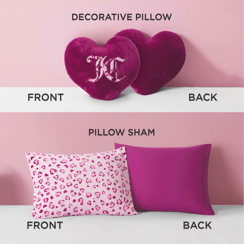 Juicy Couture Plush Reversible Leopard Hearts Comforter Set with Decorative Pillow, Full/Queen