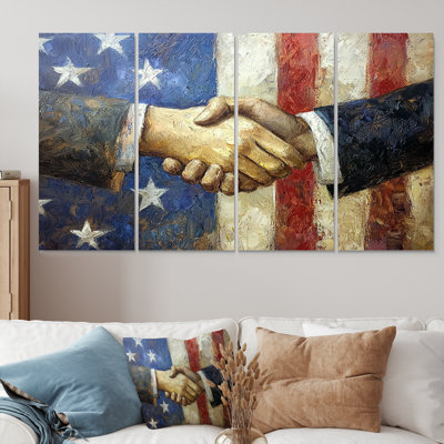 Une poignée de main symbolique entre les États-Unis et les Alliés I - art mural patriotiste américain - ensemble de 4 décorations murales modernes