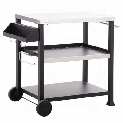 Three-Shelf Outdoor Grill Cart With Stainless Steel Tabletop, Side Handle, Multifunctional Pizza Oven Stand, Movable Food Prep Table On Wheels, Black