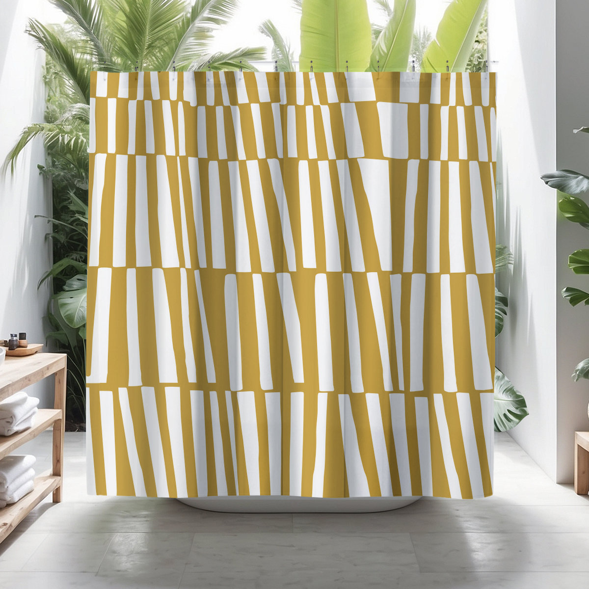 Thora Abstract Mid-Century Shower Curtain, Yellow