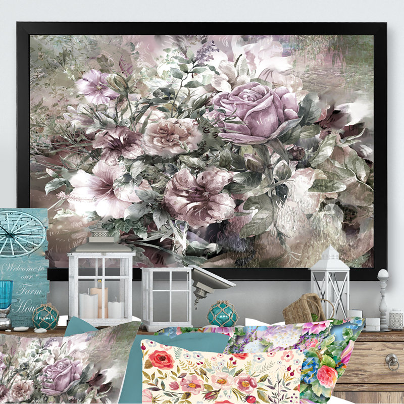 " Grunge Pink Grey Summer Flowers ", Black Picture Framed, 24'' H x 36'' W x 1'' D