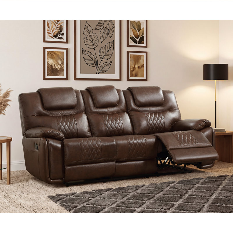 Canapé classique en cuir de 88 pouces avec inclinaison manuelle et 3 places assises, Cuir véritable espresso