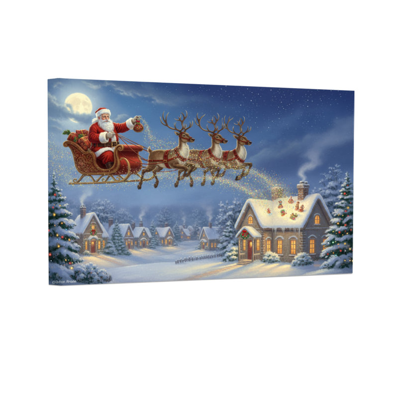 Noël père Noël survolant un village enneigé, H 24 po x l 36 po