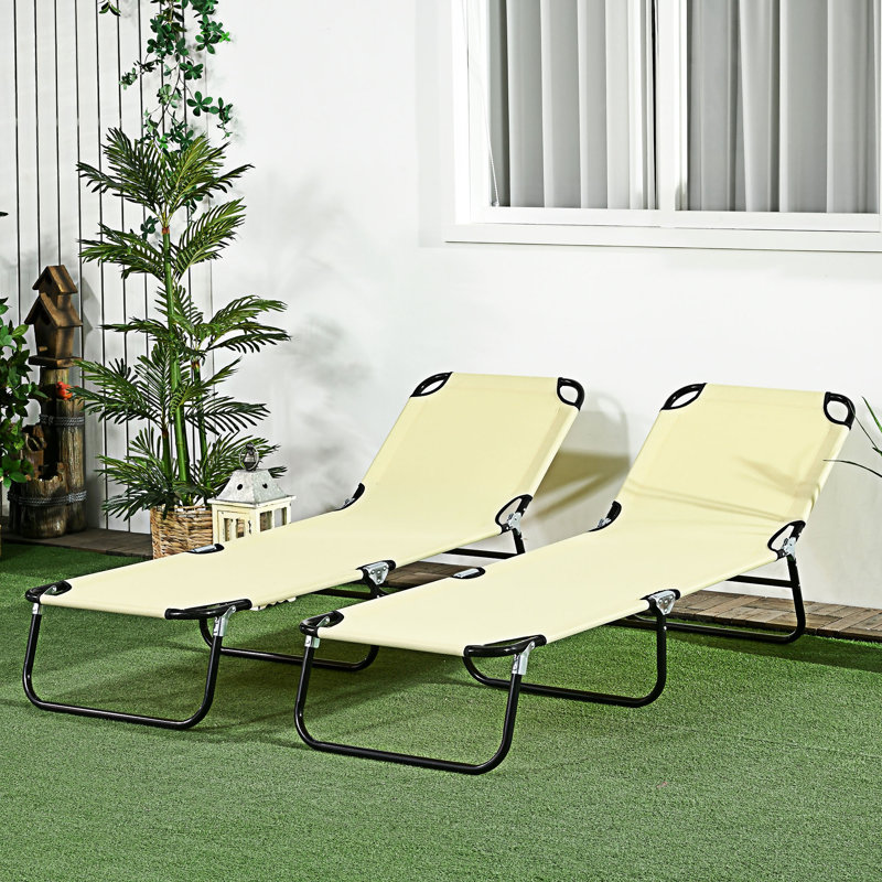 Outdoor Folding Chaise Lounge Chairs Tanning Chairs With Reclining Back Set Of 2, Beige