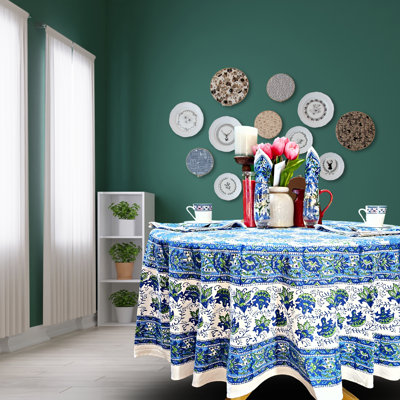 Block Print Lotus Flower Cotton Round Tablecloth
