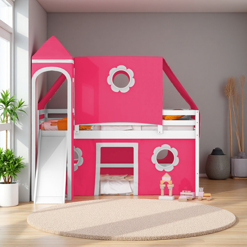 Lit mezzanine double avec tente coulissante et tour, Lit double, Rose