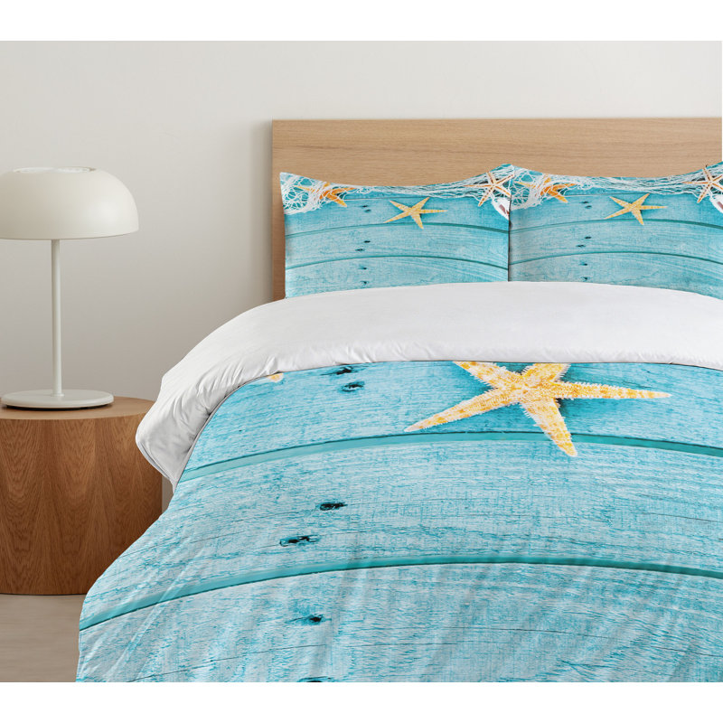 Turquoise Starfish Coastal Queen Duvet Cover Set with Pillow Shams