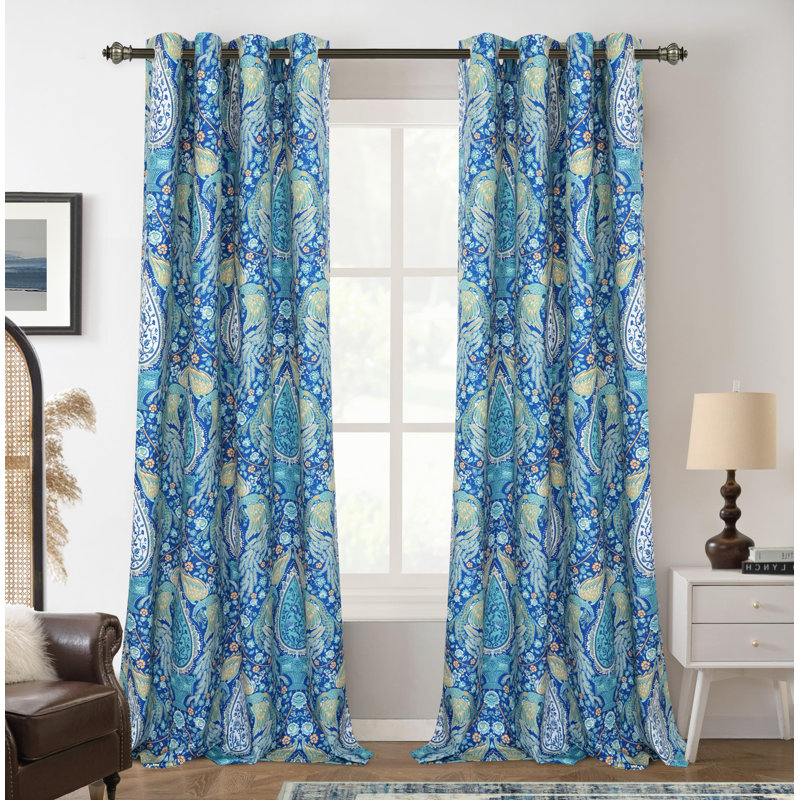 Floral Teal Curtains for Bedroom 80% Blackout Thermal Insulated Lined Double Layer Vintage Peacock Printed Pattern Darkening Drapes for Living Room Grommet 2 Panels