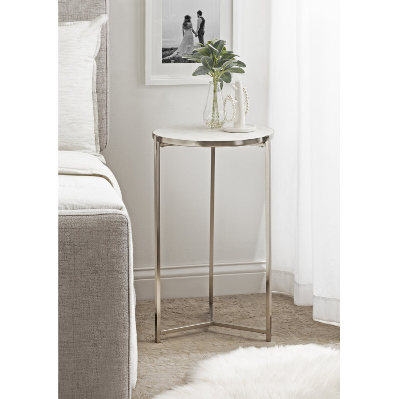 Silver Round Marble and Metal Side Table