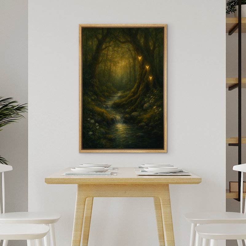 «Enchanted Forest with Glowing Butterflies Mystical Fantasy Landscape», reproduction d'art sur toile encadrée, Naturel