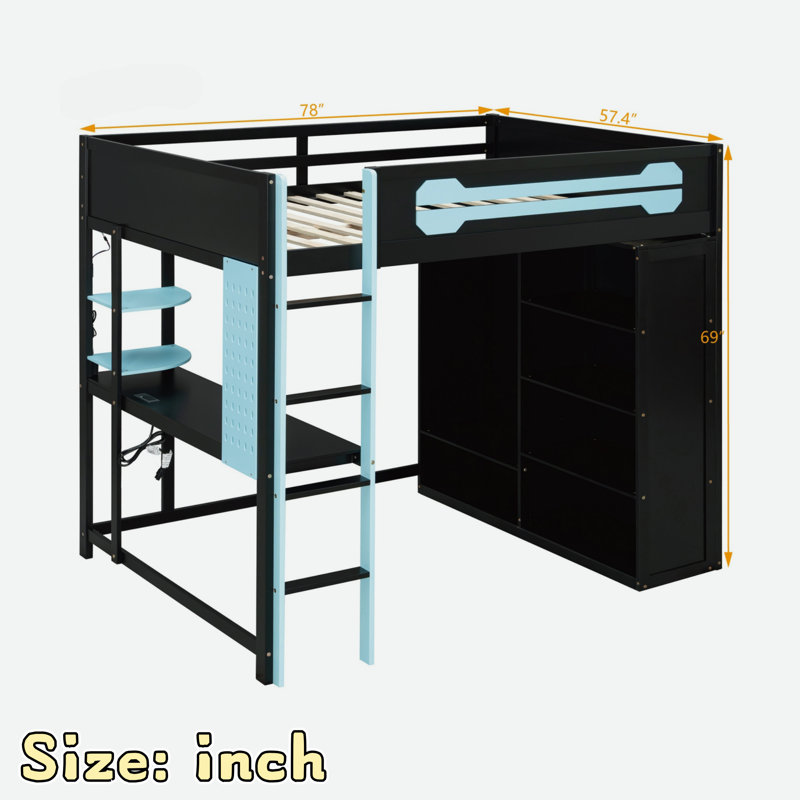 Lit mezzanine en bois avec bureau, garde-robe ouverte et lumière RVB, Bleu / Noir