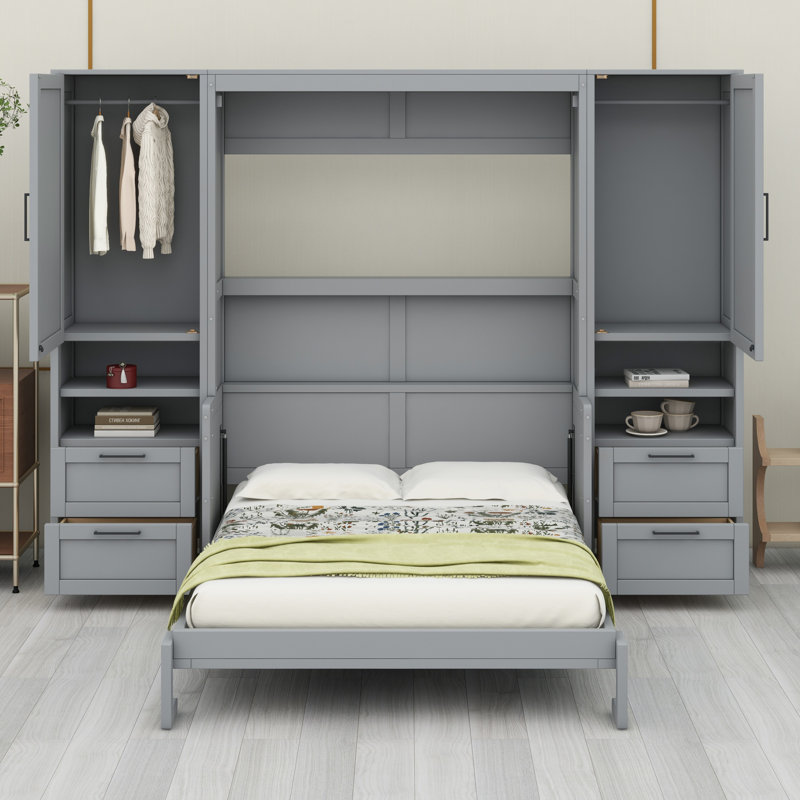 Lit escamotable Murphy avec placard, tiroirs et tablettes, Gris, Double
