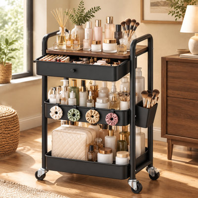 Chariot de rangement en métal noir à 3 niveaux avec tiroirs et plateau de table en bois