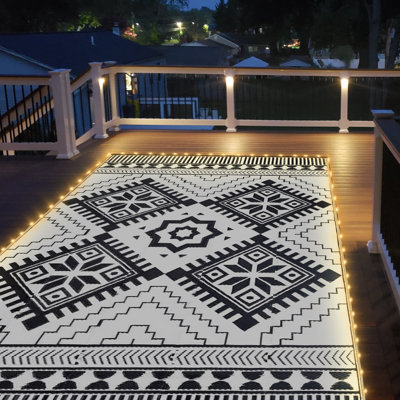 8x10ft Waterproof Outdoor Rug With Led Lights, Maryellis Reversible Plastic Straw Mat For Patio Rv Camping Picnic Balcony Beach Deck Indoor Outdoor Carpet, Black&white