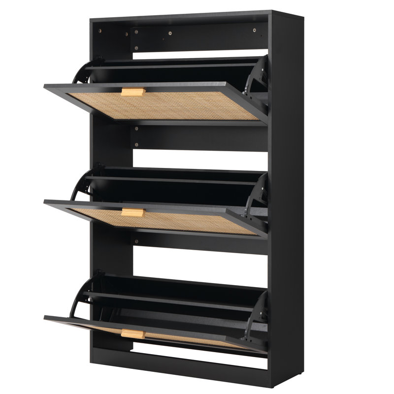 Extended Edition Shoe Cabinet with Natural Rattan Flip Drawers for Entryway, Free Standing 3 Tier Slim Shoe Organizer, Shoe Cabinet with 3-Gear Adjustable Width Drawers
