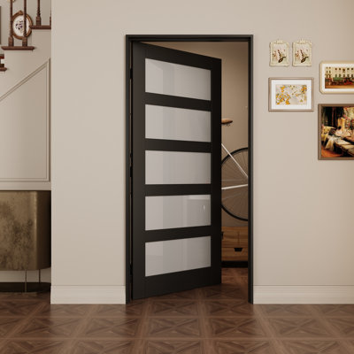 Intérieur avec cadre noir 5 portes et porte en verre givré, porte pré-montée en panneau de fibres à densité moyenne CARB P2 avec verre trempé SGCC, avec trousse de joint, bande d'étanchéité, charnières noires et ouverture à gauche, préfinie et résistante aux égratignures, garde-manger, chambre à coucher, salle de bain et garde-robe , 36 po x 80 po
