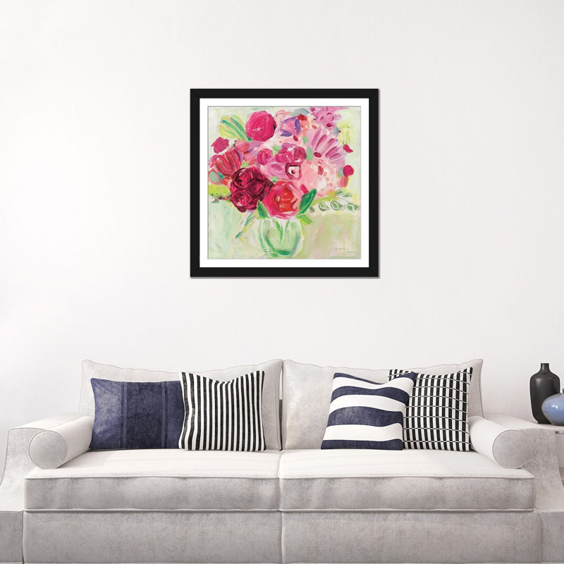 «Pink And Red Florals», reproduction sur toile tendue, H 24 po x l 24 po x P 1 po, Papier d'art encadré noir, Blanc