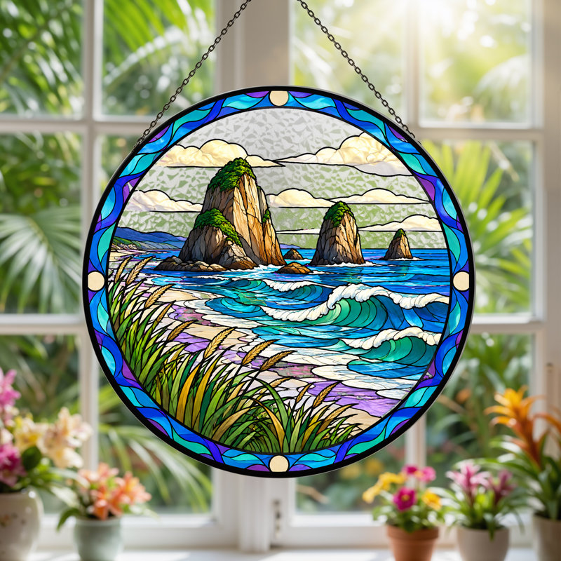 Art mural sur toile style vitrail côtier avec empilements de mer, H 12 po