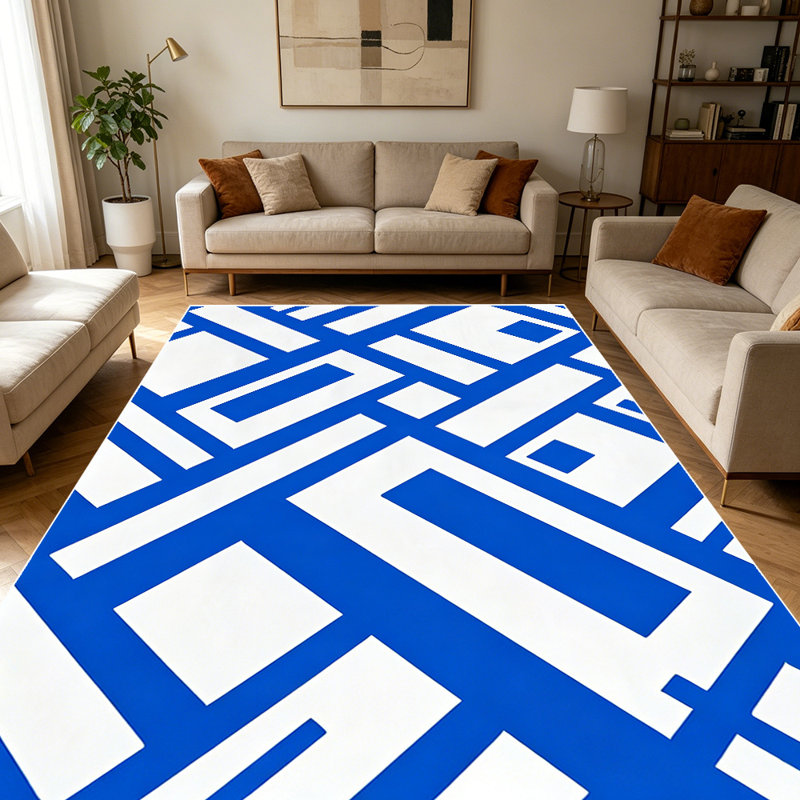 1PC Blue And White Geometric Block Abstract Pattern area rugs for Living Room, Soft and Comfortable, Suitable for all seasons, easy-to-maintain, machine washable Indoor floor mat, Under Table Farmhouse suitable for dining room, bedroom, entryway.
