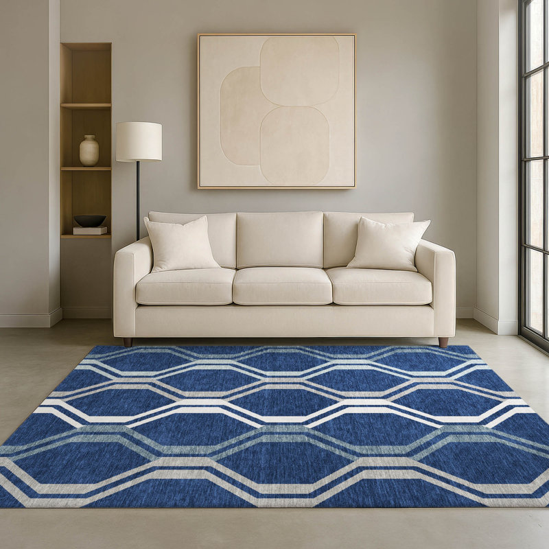 Tapis de qualité supérieure Mid-Century moderne lavable à la machine Premium Mayfield AMF2326, Marine, 9 pi x 12 pi