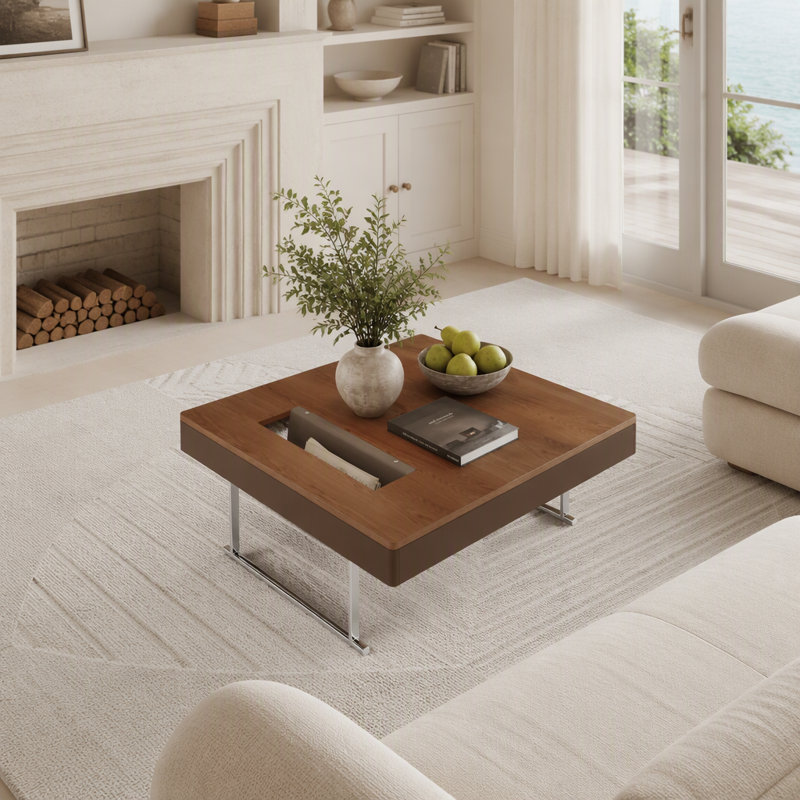 Table basse 35,43 po carrée en noyer avec plateau de table épaissi et base en acier inoxydable
