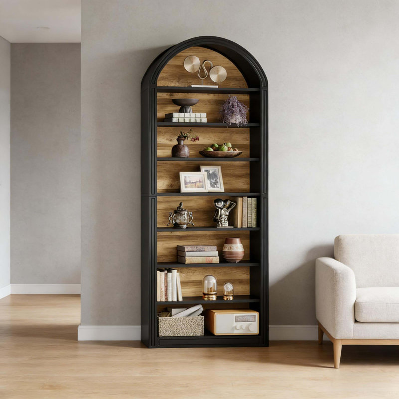 Spacious Display Shelving,Freestanding Bookshelf,Arched Bookcase, Black
