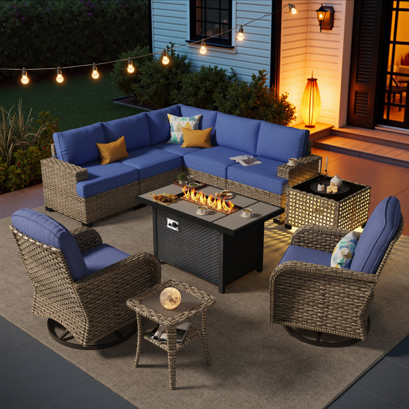 7- Person Outdoor Wicker Patio Conversation Furniture Set With Fire Pit Table, Navy
